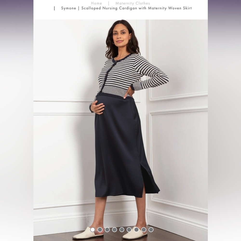 Seraphine Maternity Navy Blue Scalloped Nursing Cardigan with Woven Skirt